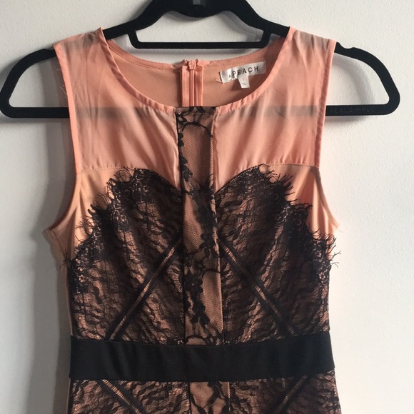 Peach form fitting mini dress w/ black lace - Picture 2 of 5